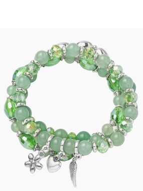(3) Green Aventurine Stretch Bracelets Silver Tone